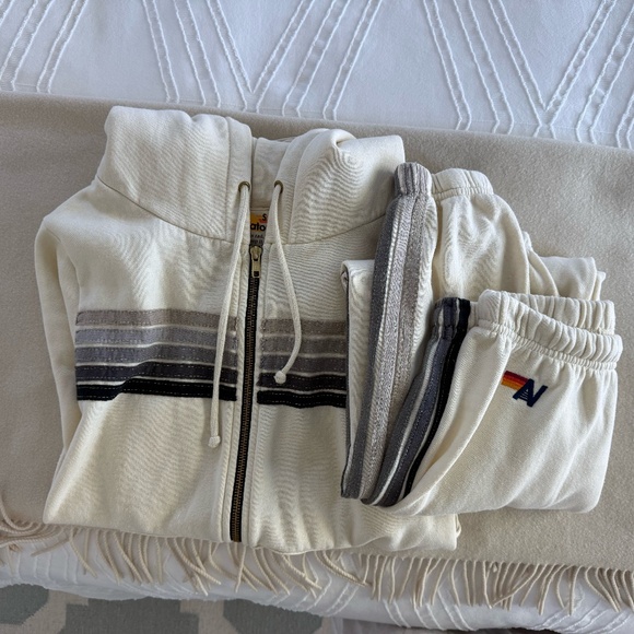 AVIATOR NATION 5 Stripe HOODIE, Ivory w Grey Stripes, SMALL - Picture 5 of 8